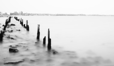 Long exposure, groynes and wooden stakes in the Baltic Sea, Rügen, Mecklenburg-Western Pomerania,