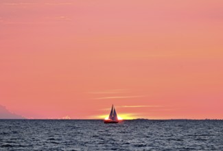 Sailboat sailing in the evening towards the setting sun, Baltic Sea, Poel Island,