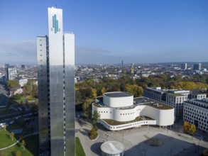 Gustaf-Gründgens-Platz mit Schauspielhaus, Dreischeibenhaus, Drohnenaufnahme, Düsseldorf, NRW,