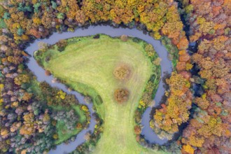 Aerial view of the Hunte in autumn, Meander, Hunte loop, Hunte, river, tree, forest, autumn