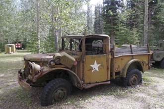 A rusty old army vehicle from the 1940s with a star, surrounded by trees in a forest, former army