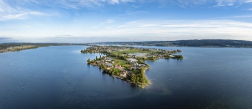 Aerial view, panorama of the island of Reichenau in Lake Constance seen from the west, on the left