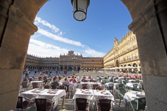 Plaza Mayor viewed through an arcade, Salamanca, Salamanca province, Castile and Leon, Spain,