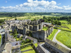 Middleham Castle from a drone, Middleham, Wensleydale, North Yorkshire, England, United Kingdom,