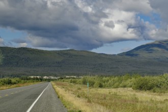 Endless road, with single motorhome, forest, wilderness, Alaska Highway, Yukon Territory, Canada,