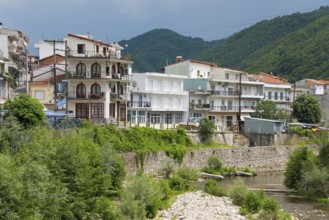 View of a town with multi-storey houses in front of wooded mountains and a river in the foreground,