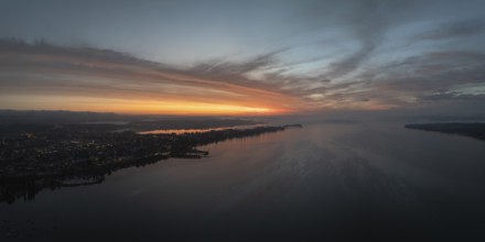 Aerial view, panorama of the town of Radolfzell on Lake Constance with the Mettnau peninsula in