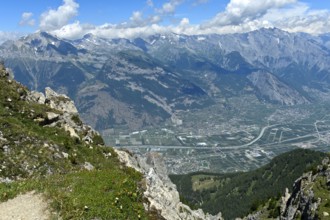 View of the Rhone valley from the ascent to the summit of Pierre Avoi, Valais Alps, Verbier,