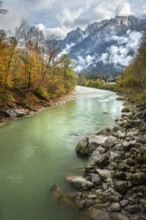 The River Lammer at the end of the Lammerklamm gorge. The Tennengebirge mountains in the background