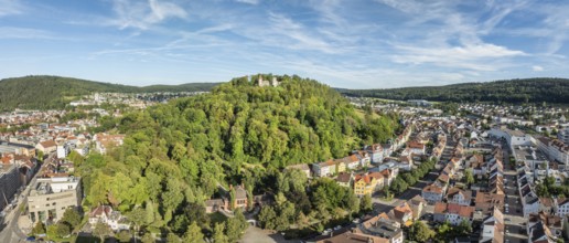 Aerial view, panorama of the Honburg castle ruins on the Honberg above the town of Tuttlingen,