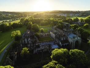 Kirkstall Abbey from a drone, Kirkstall, River Aire, Leeds, West Yorkshire, England, United