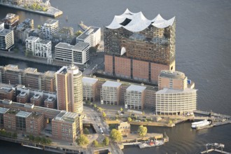 Aerial view of Hamburg harbour with Elbe, Elbe Philharmonic Hall, Hafen City, Hamburg, Germany,