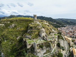 Ruins of the Church of Saint Francis of Assisi and Amantea Castle from a drone, Amantea, Tyrrhenian