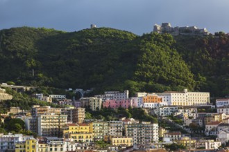 High angle view of apartment and condominium buidings plus mountainside, Salerno, Campania region,