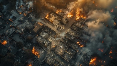 Aerial view of neighborhood in ruins from devastating fire. generative AI, AI generated