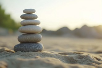 Rock balancing. Stack of stones in balance in front of blurry beach background with copy space.