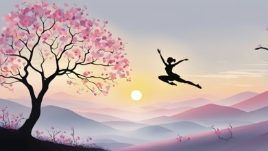 Abstract minimalist spring scene with a single, sharp silhouette of a rhythm gymnastic and of a