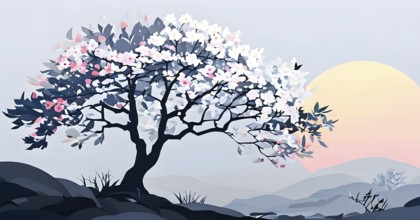 Abstract minimalist spring scene with a single, sharp silhouette of a blooming tree on a vast light