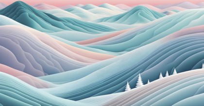 Christmas-themed abstract landscape with fluid, flowing lines representing snow-covered hills and