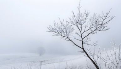 Bare tree branch covered in frost, isolated against a foggy, white winter landscape, AI generated