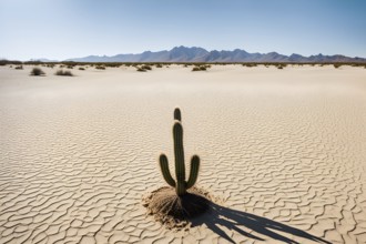 A minimalist desert landscape with a single, dried cactus, AI generated