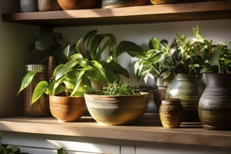 A sunlit kitchen corner, with a rustic wooden shelf holding neatly arranged ceramic bowls and a