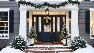 Festive front porch with holiday garlands wrapped around the columns, a wreath hanging on the door,