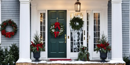 Festive front porch with holiday garlands wrapped around the columns, a wreath hanging on the door,