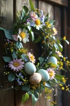 Spring wreath with pastel ribbons, speckled eggs, and blooming flowers, hanging on a wooden