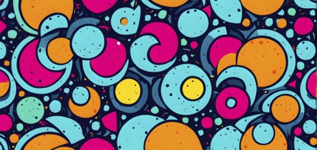 Abstract illustration features a seamless pattern of whimsical hand-drawn shapes and icons in