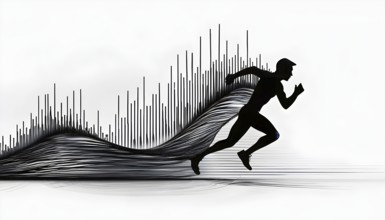 Wave of data points shaping into a runners silhouette, abstract illustration in black and white,