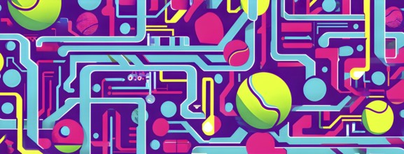 Vibrant mix of abstract circuitry intertwined with tennis balls, representing AI role in