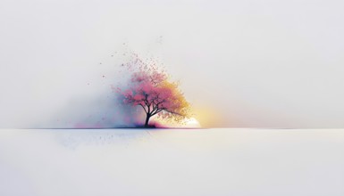 Abstract minimalist spring scene with a single, sharp silhouette of a blooming tree on a vast light