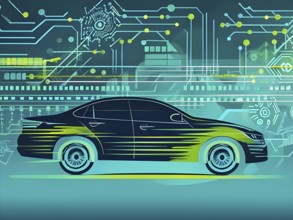 Sport car silhouette with vibrant green dynamic lines showing motion, surrounded by data streams,