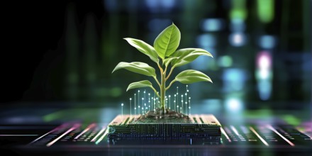 Plant growing on a computer chip representing digital ecology business, AI generated