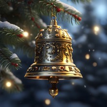 Vintage Christmas bell ornament hanging on a snow-dusted evergreen branch, capturing the intricate