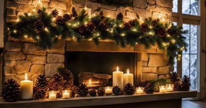 A cozy fireplace mantle decorated with pine cones, garlands, and lit candles, with a close-up focus