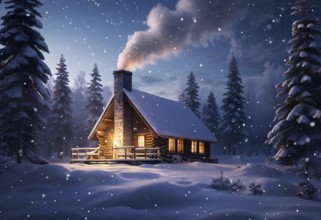 Peaceful winter cabin in the woods, with smoke rising from the chimney, AI generated