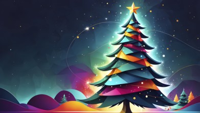 Abstract Christmas tree illustration with vibrant colors and geometric shapes, AI generated