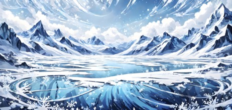 Abstract illustration of dreamy, icy landscape with swirling blues, whites, and silvers, evoking