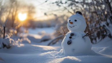 Snowman in an idylic winter landscape, snow covered trees, golden hour light of sunrise, AI