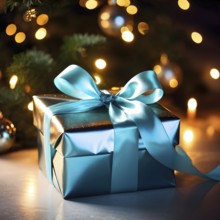 Close-up of a beautifully wrapped Christmas gift with a satin ribbon, set under a glowing Christmas