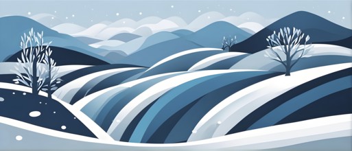 Abstract winter landscape illustration using cool blues and whites with swirling patterns and