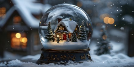 Snow globe with a tiny festive village inside, capturing the swirling snow and the light