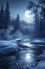 Serene winter night scene of a frozen river winding through a forest in moonlight, AI generated