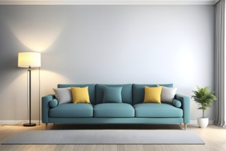 3d rendering of a couch with cushions and a floor lamp, AI generated