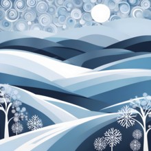 Abstract winter landscape illustration using cool blues and whites with swirling patterns and