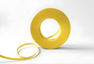 Three dimensional render of yellow spiral ribbon against white background, AI generated