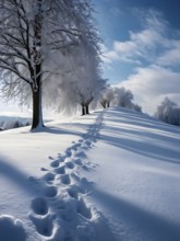 Footprints in fresh snow on a hill with a row of trees in winter, AI generated