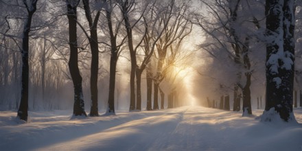 Snow covered tree avenue in warm golden evening light, AI generated